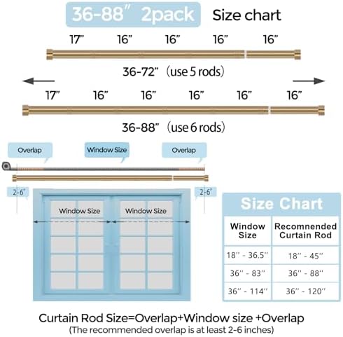 2 Pack Warm Gold Curtain Rods for Windows 36-88 Inches
