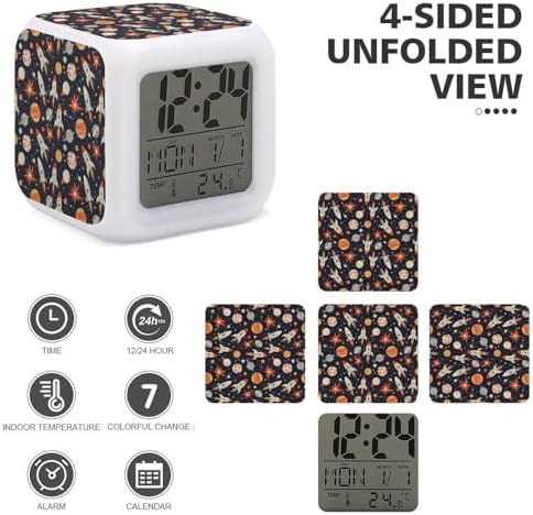 Star Rocket Planet Print Cute Digital Alarm Clock with Night Light