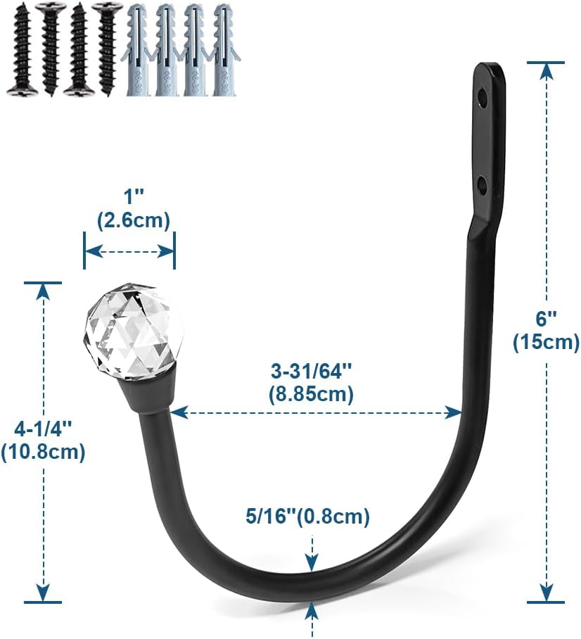 Crystal Decorative U-Shaped Curtain Holdback Copper Finish with Glass Ball Finial Wall Mounted 2-Pack