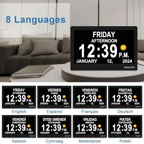 TROCOTN 10 Inch Digital Wall Clock with Day Date and Custom Alarms