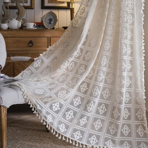 Bringsine Boho Cotton Curtains with Macrame Tassels 59x63 Inches Beige Panel