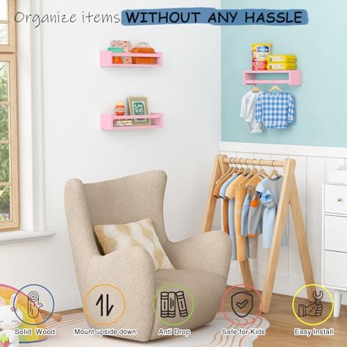 Pink Floating Shelves Set of 3 for Nursery and Kids Room