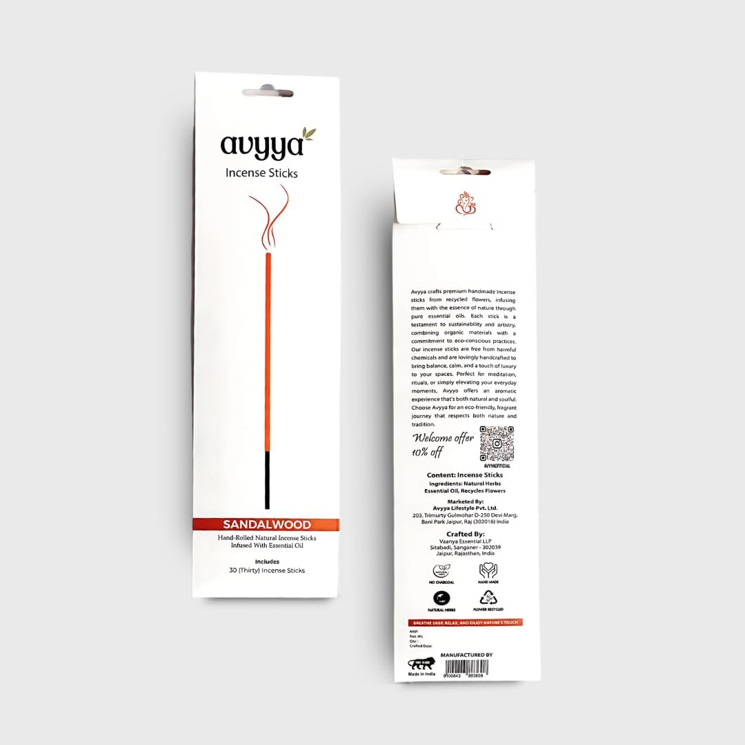 Avyya Hand Rolled Incense Sticks 30 Pack Sandalwood Charcoal-Free
