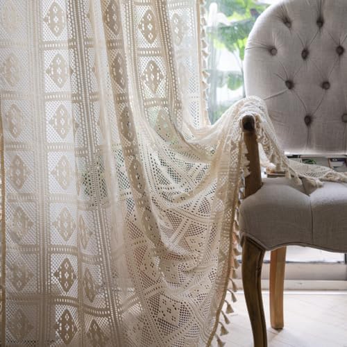 Bringsine Boho Cotton Curtains with Macrame Tassels 59x63 Inches Beige Panel