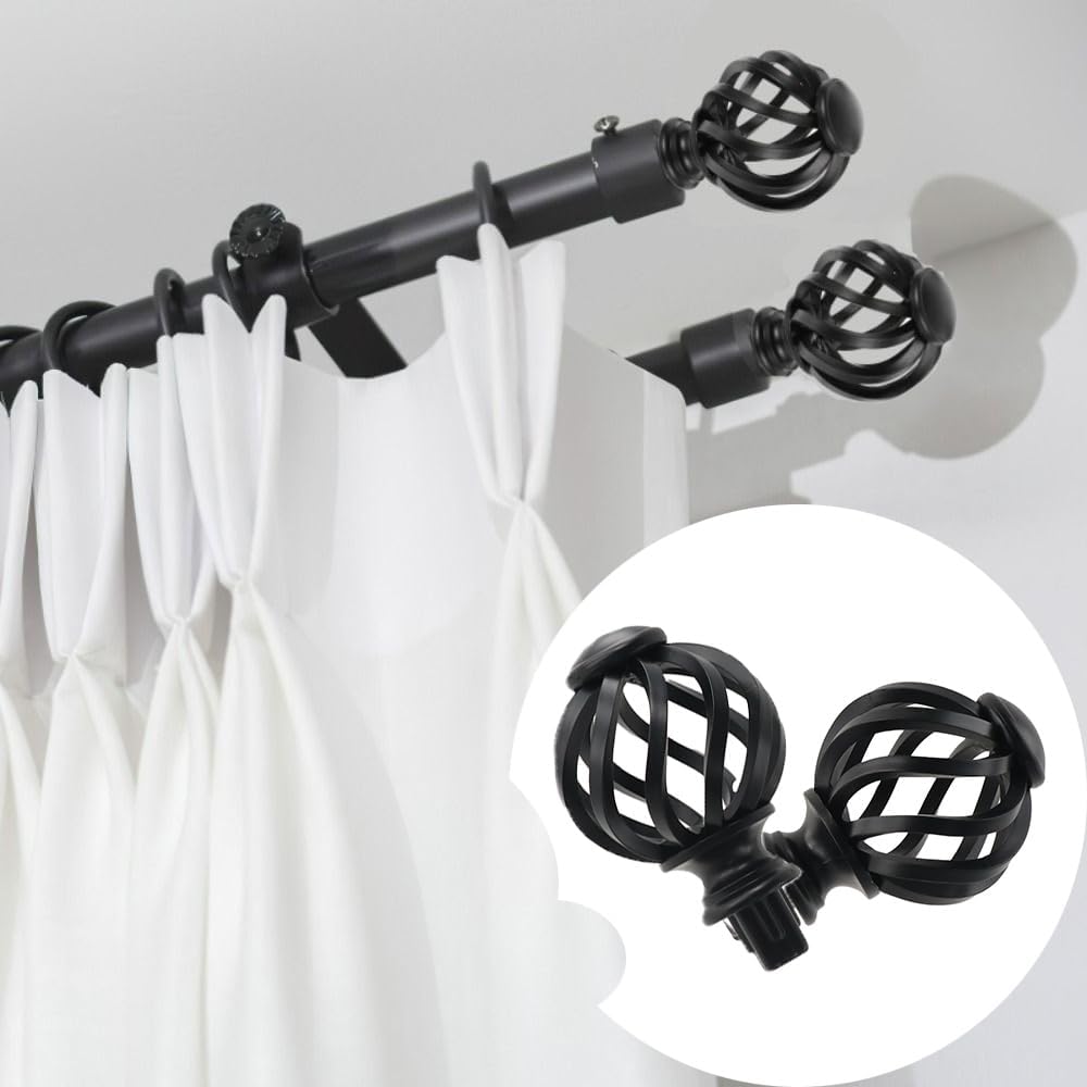 Pokinge 2Pcs Plastic Curtain Rod Finials Black Spiral Cage Shape 34 Inch Fit