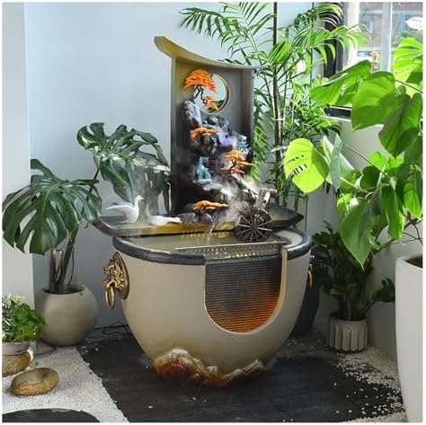 Modern Floor-Standing Waterfall Fountain with Feng Shui Wheel and Fish Pond