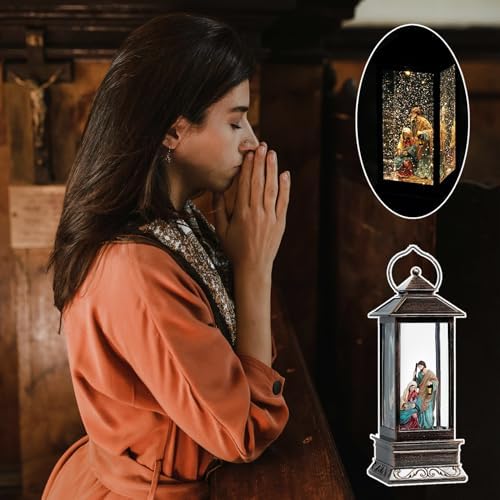 12 Inch Christmas Snow Globe with Nativity Scene and Music LED Light Lantern - USB or Battery Operated Home Decor Gift