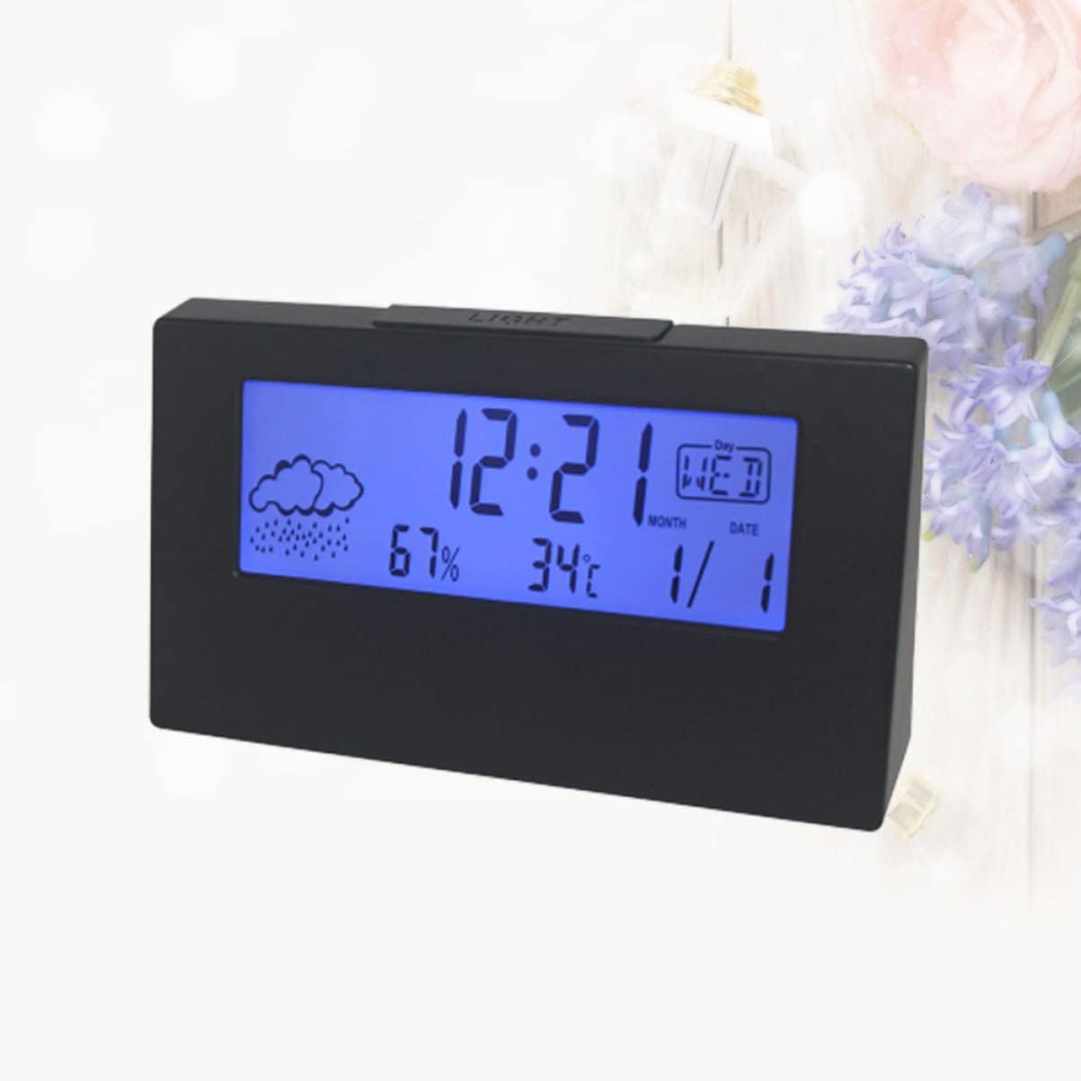 VOSAREA LCD Weather Display Alarm Clock with Humidity Black