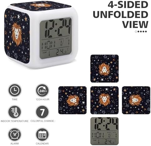 Lion and Stars Alarm Clock with Night Light and Date Display
