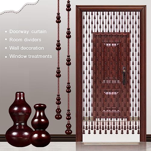 Wood Beaded Door Curtain with Gourd Shape Retro Style 44 Strands 145x155cm