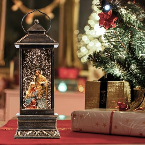 12 Inch Christmas Snow Globe with Nativity Scene and Music LED Light Lantern - USB or Battery Operated Home Decor Gift