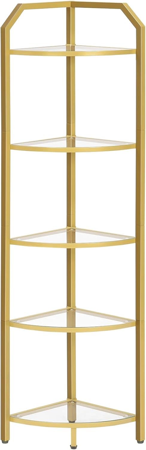 HOOBRO 5-Tier Corner Shelf Stand Gold Tempered Glass Modern Style GD15CJ01
