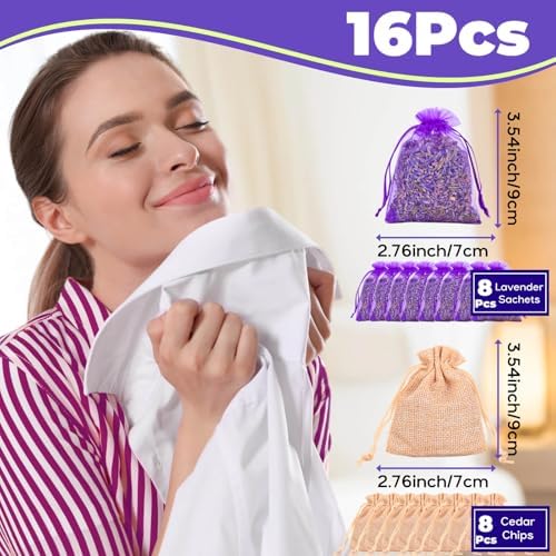 16 Pack Lavender Sachet Bags Cedar Chips Set - Natural Premium Dried Lavender Flowers for Home Fragrance