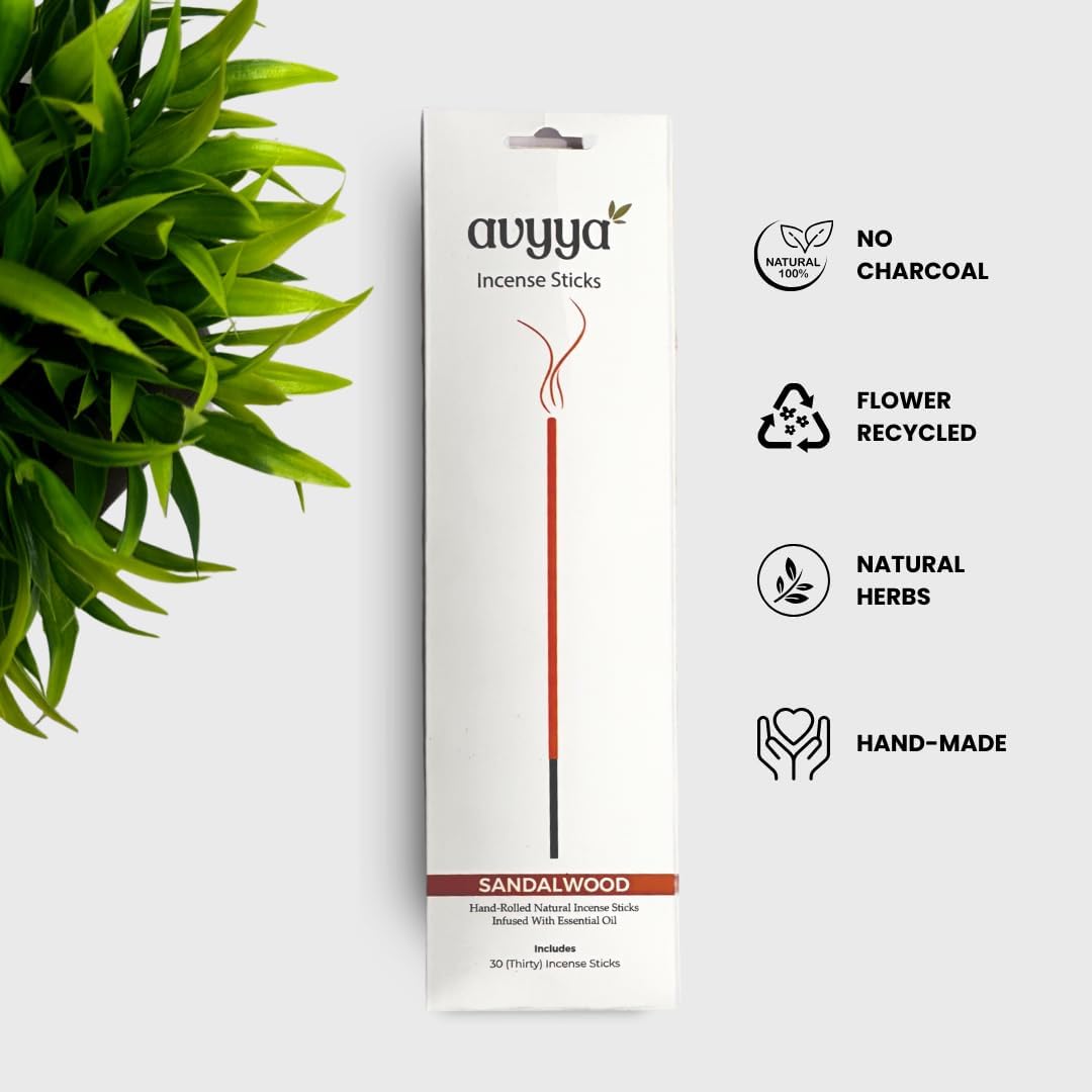 Avyya Hand Rolled Incense Sticks 30 Pack Sandalwood Charcoal-Free