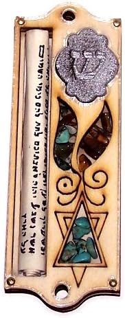 Holy Land Market Star of David Mezuzah with Israel Gemstones - 3 Layers Wooden Mezuzah 10cm