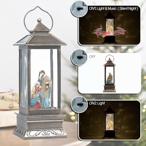 12 Inch Christmas Snow Globe with Nativity Scene and Music LED Light Lantern - USB or Battery Operated Home Decor Gift