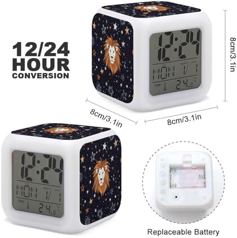 Lion and Stars Alarm Clock with Night Light and Date Display