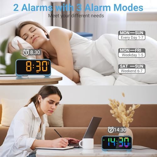 RGB Alarm Clock for Kids Teens Dual Alarm with Night Light and USB Charger