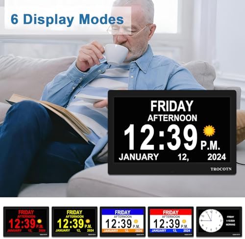 TROCOTN 10 Inch Digital Wall Clock with Day Date and Custom Alarms