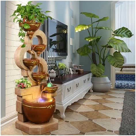 Modern Yellow Floor Standing Water Fountain Decor with Light