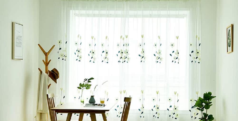 Simple Small Fresh Delicate Embroidery Basic Rod Pocket Curtains Blue 2 Panels
