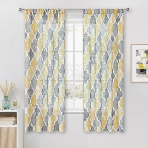 Beauoop Linen Semi Sheer Curtains 2 Panels Yellow Grey
