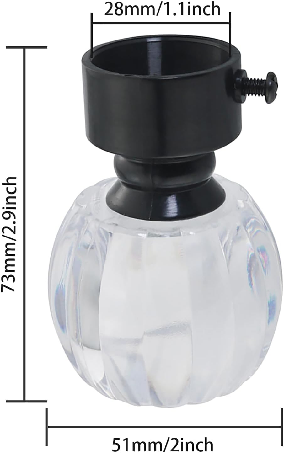 2PCS Clear Crystal Curtain Rod Ends with Adjustable Screws