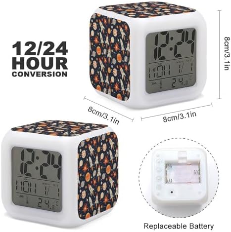 Star Rocket Planet Print Cute Digital Alarm Clock with Night Light