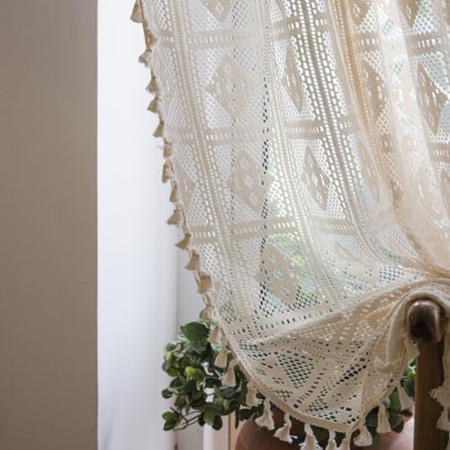 Bringsine Boho Cotton Curtains with Macrame Tassels 59x63 Inches Beige Panel