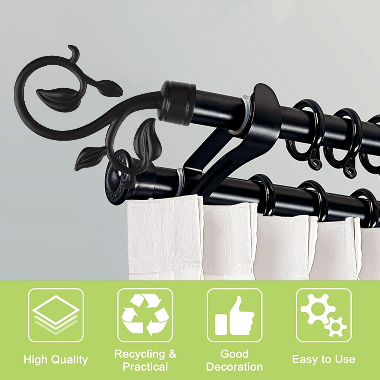 6Pcs Black Plastic Curtain Rod Caps with Leafy Branches Design