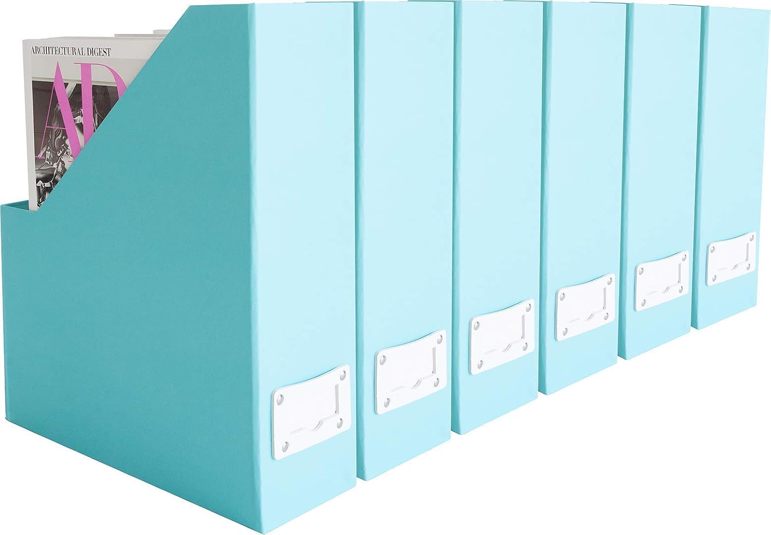 BLU MONACO Set of 6 Foldable Aqua Magazine File Holders with White Leather Labels