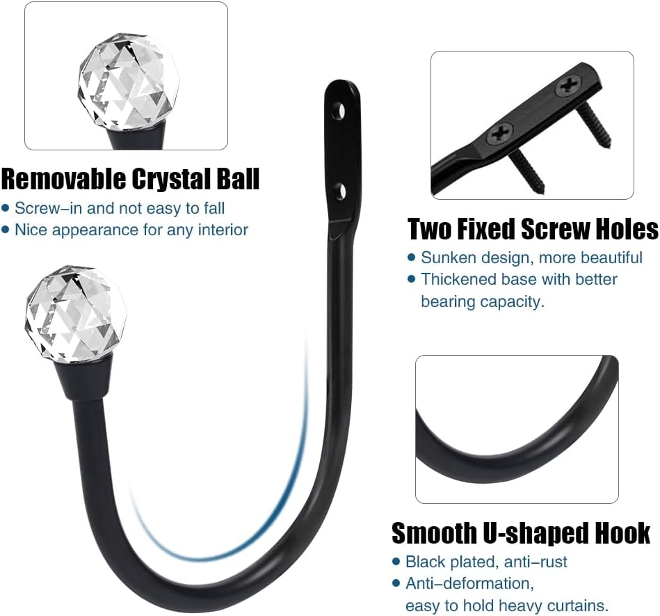 Crystal Decorative U-Shaped Curtain Holdback Copper Finish with Glass Ball Finial Wall Mounted 2-Pack