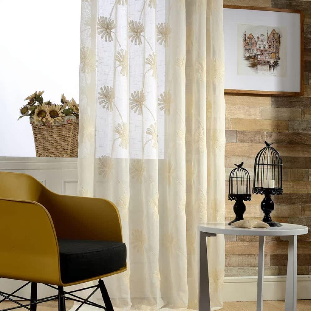 White Semi Sheer Linen Cotton Embroidery Curtain Panel