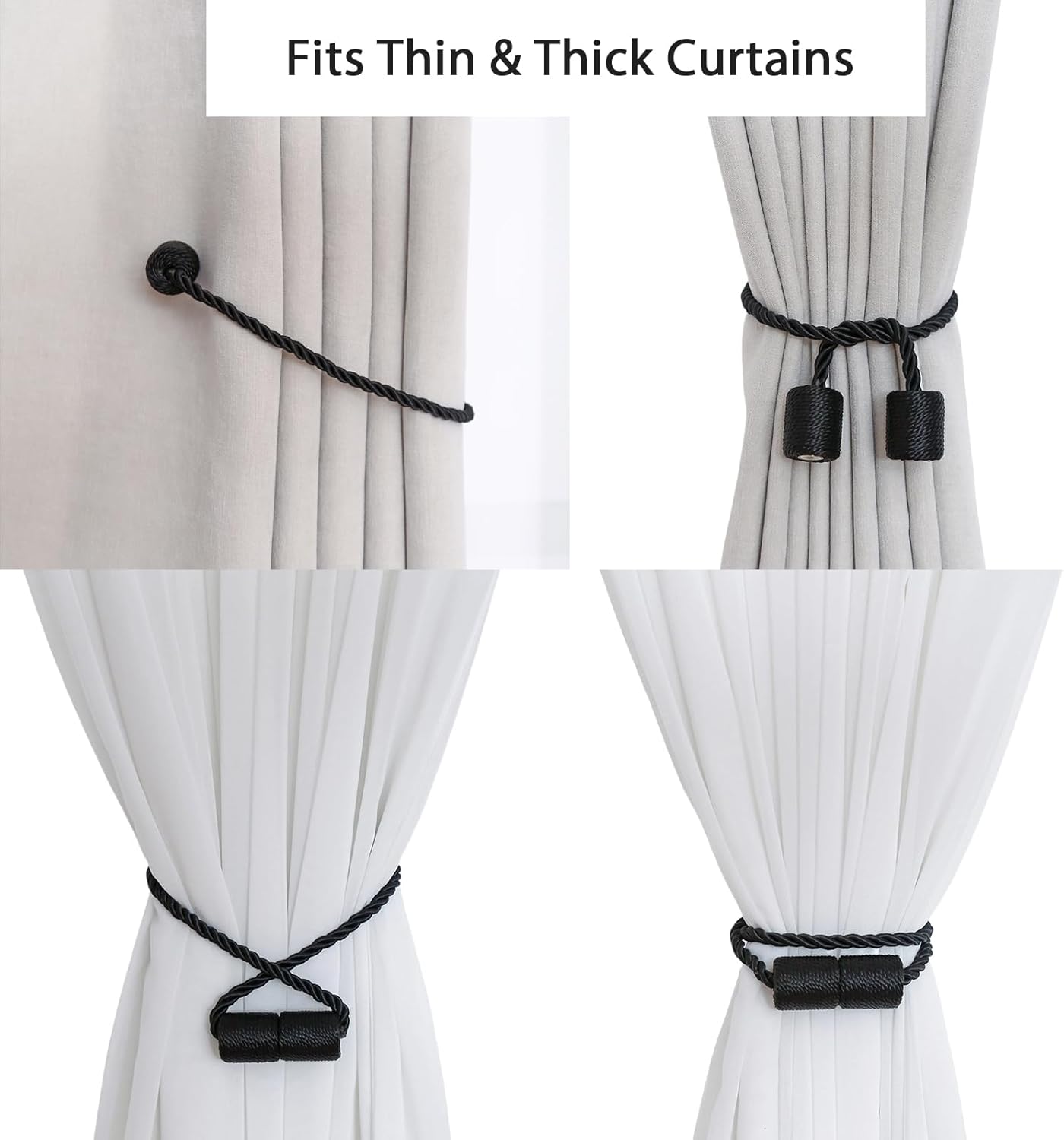 2 Pack Black Magnetic Curtain Holdbacks - Strong Tangle-Free