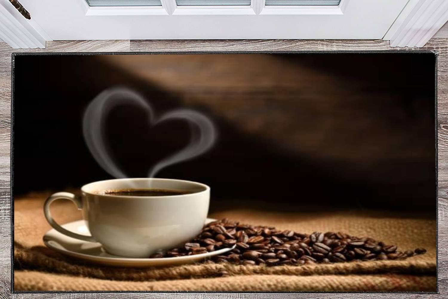 Modern 3D Heart Shape Coffee Rug with Coffee Beans on Burlap Area Rug for Living Room and Bedroom