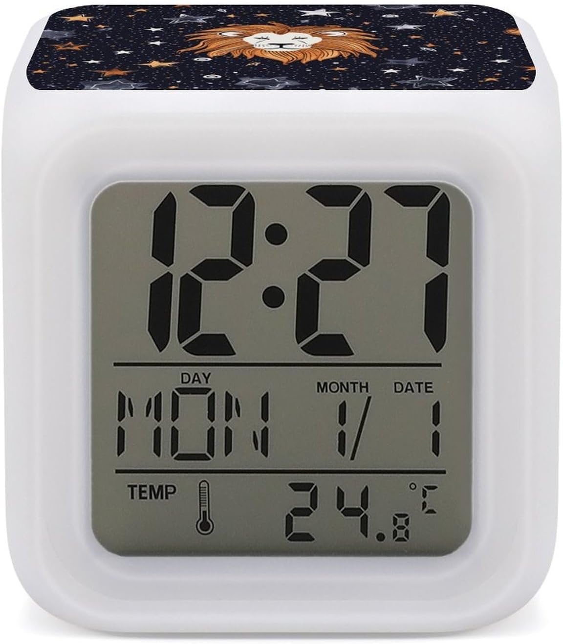 Lion and Stars Alarm Clock with Night Light and Date Display