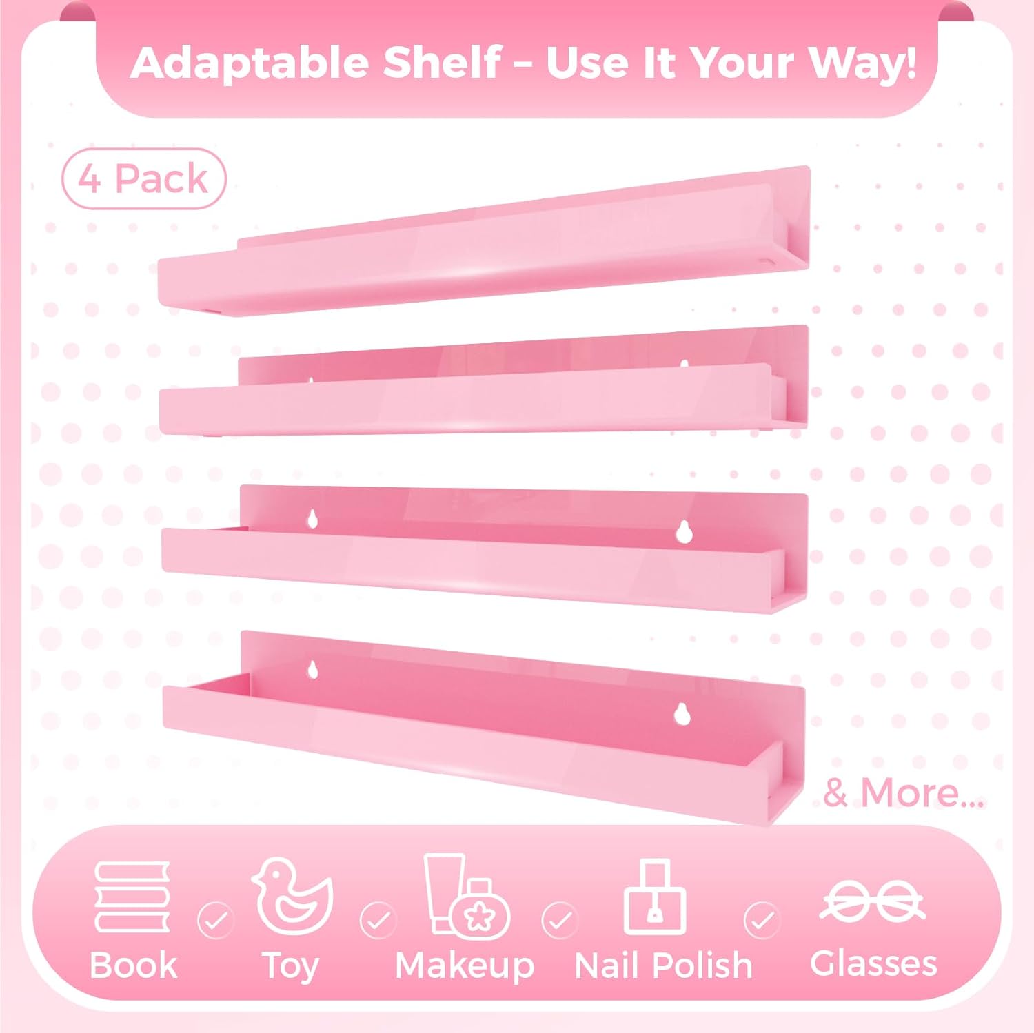 4 Pack Pink Acrylic Floating Shelves for Kids Room and Home Decor