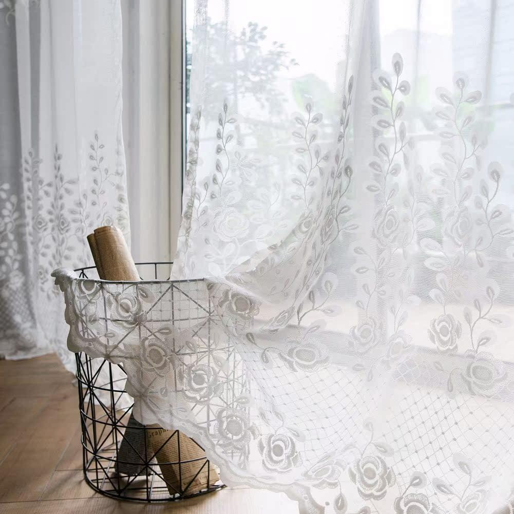 Pastoral Leaves Embroidery Sheer Curtains Panel White 52x63 Inch