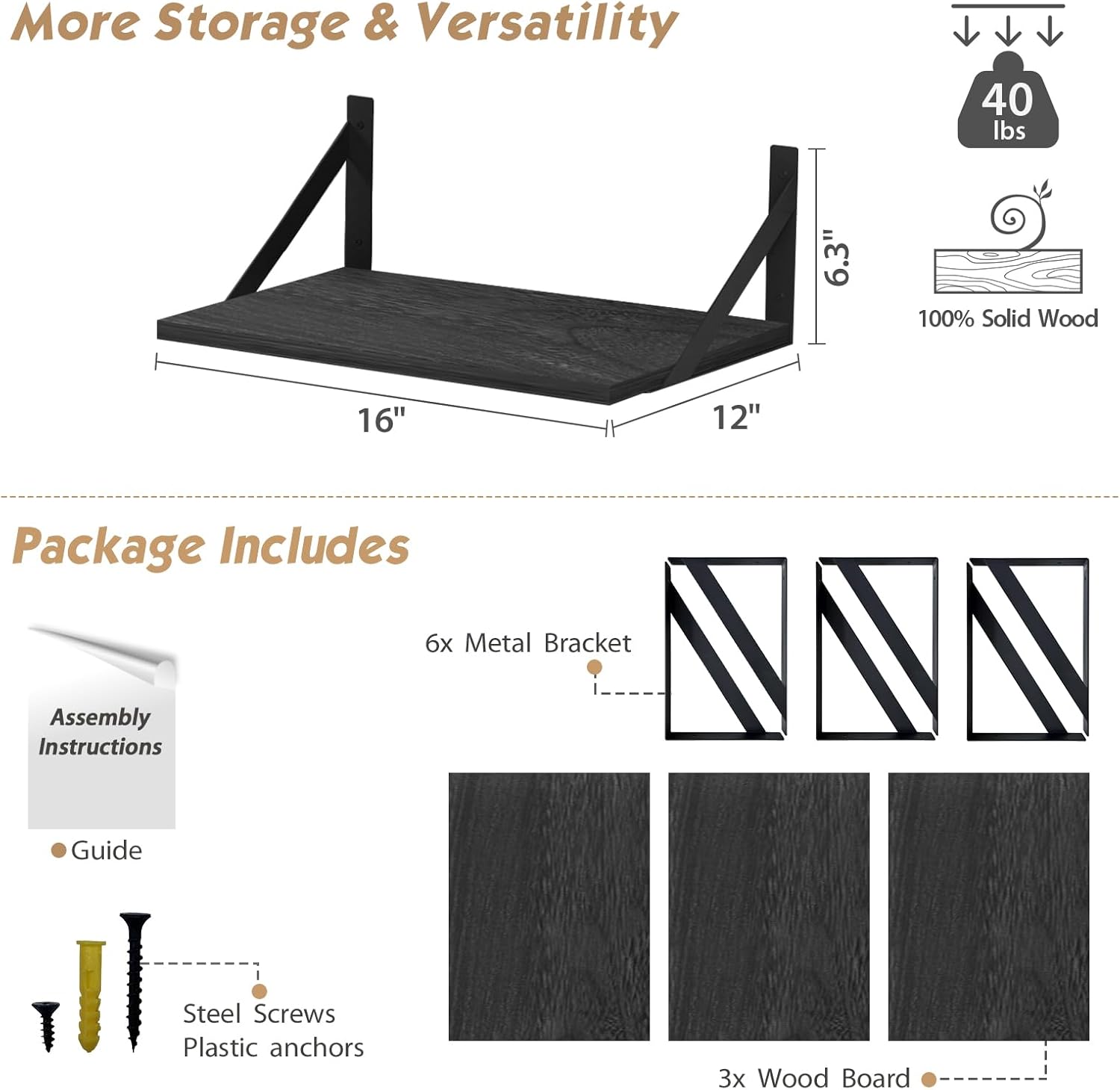 Forbena 3-Piece Black Floating Shelves for Wall
