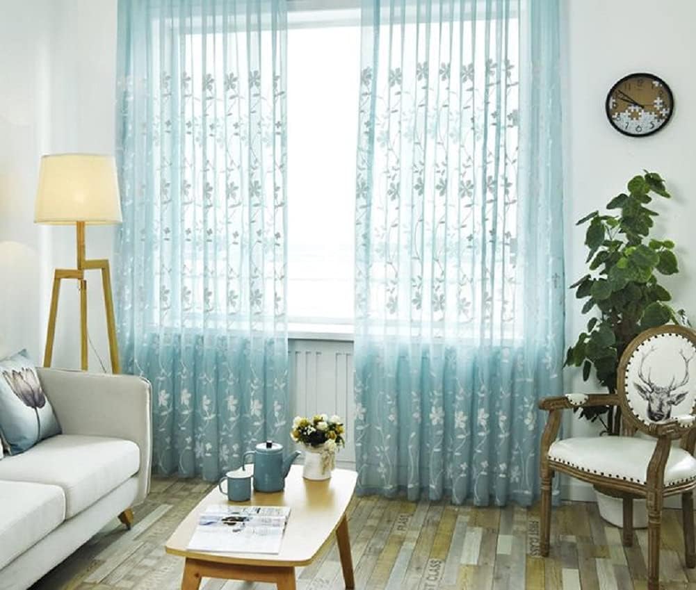Iuokuby Natural Voile Curtains with Flower Embroidery Blue 2 Panels