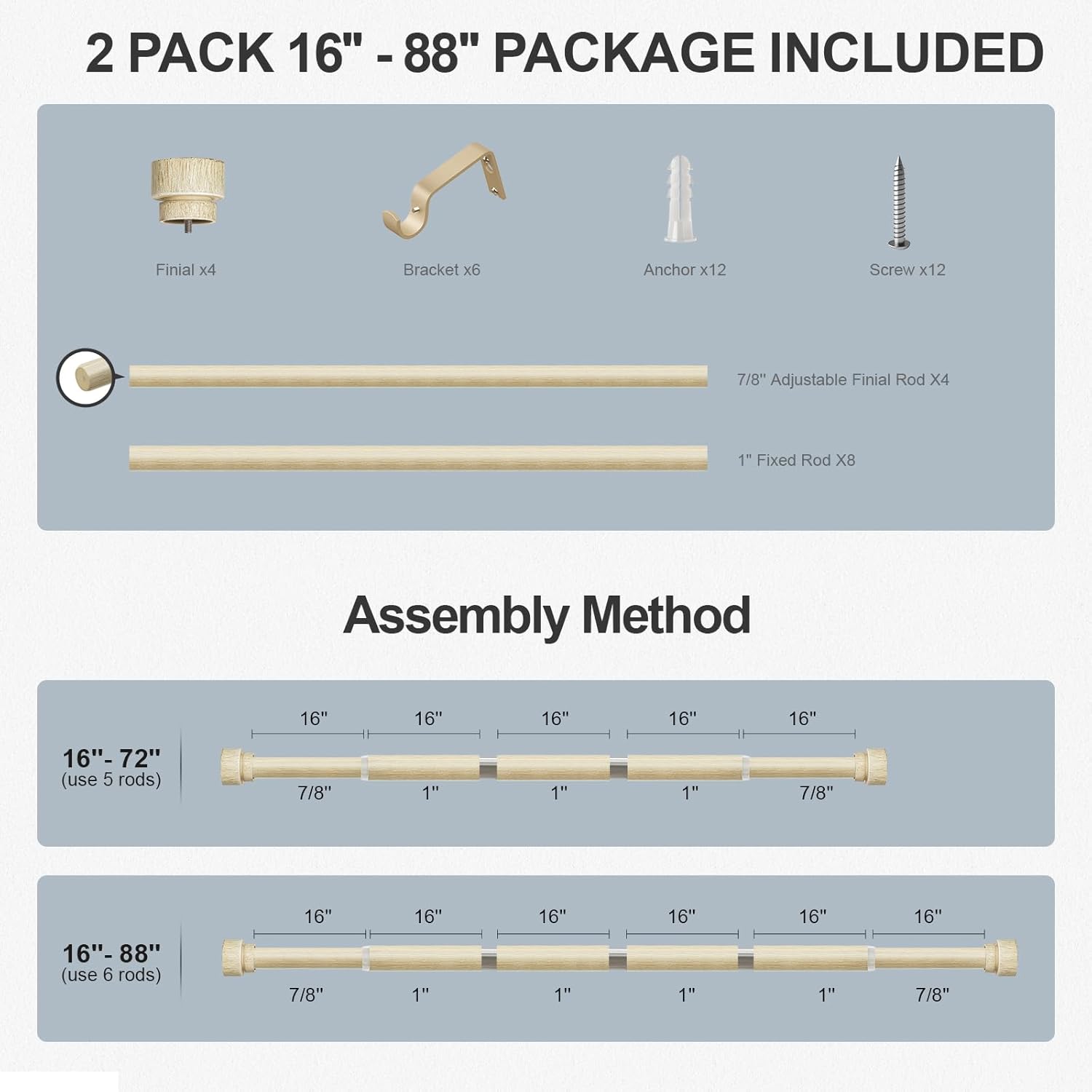 2 Pack White Oak Wood Grain Curtain Rods 1 Inch Diameter Adjustable Heavy Duty Boho Decorative for Windows