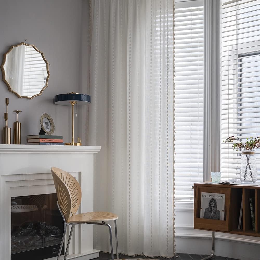 ColorBird White Curtains 2 Panels Rod Pocket Farmhouse Style