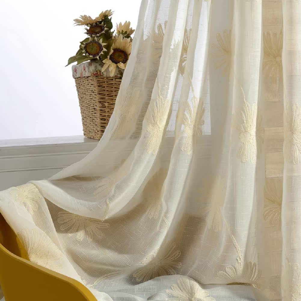 White Semi Sheer Linen Cotton Embroidery Curtain Panel