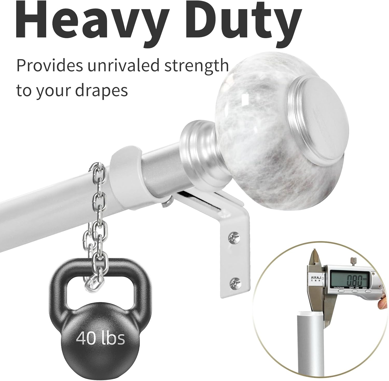 Silver Curtain Rod 48-84 Inches Heavy Duty Adjustable with Marble Finials