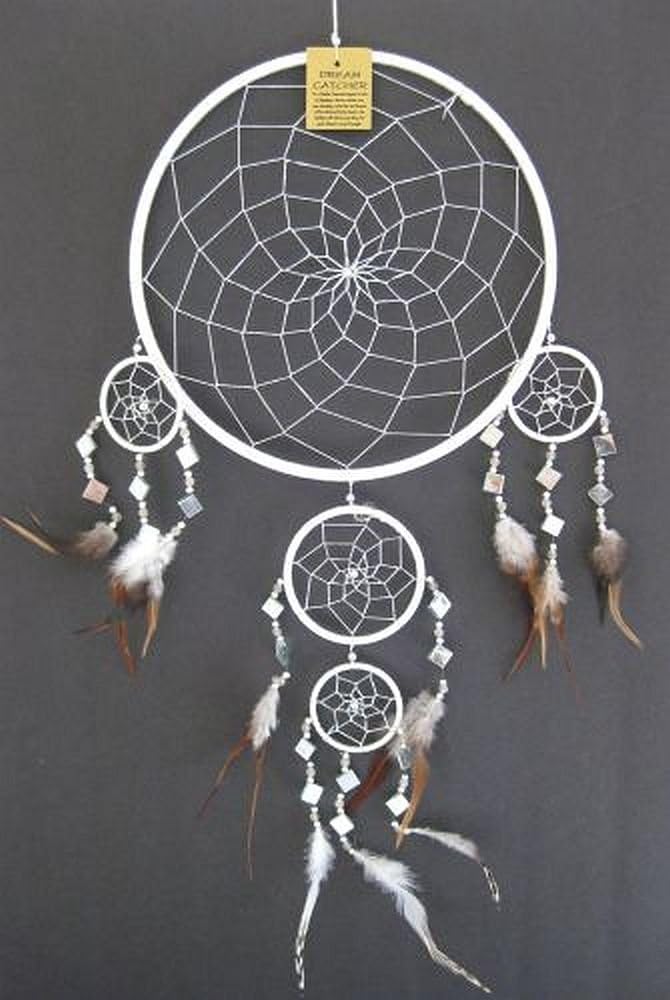 White Dream Catcher with Feathers and Glass - Large 28 x 10