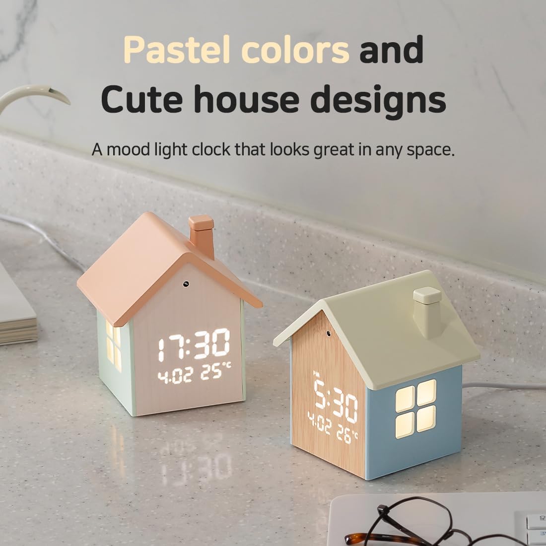 FLAITO Mood Home LED Table Clock - House-Shaped Night Light with Auto-Dimming and Snooze