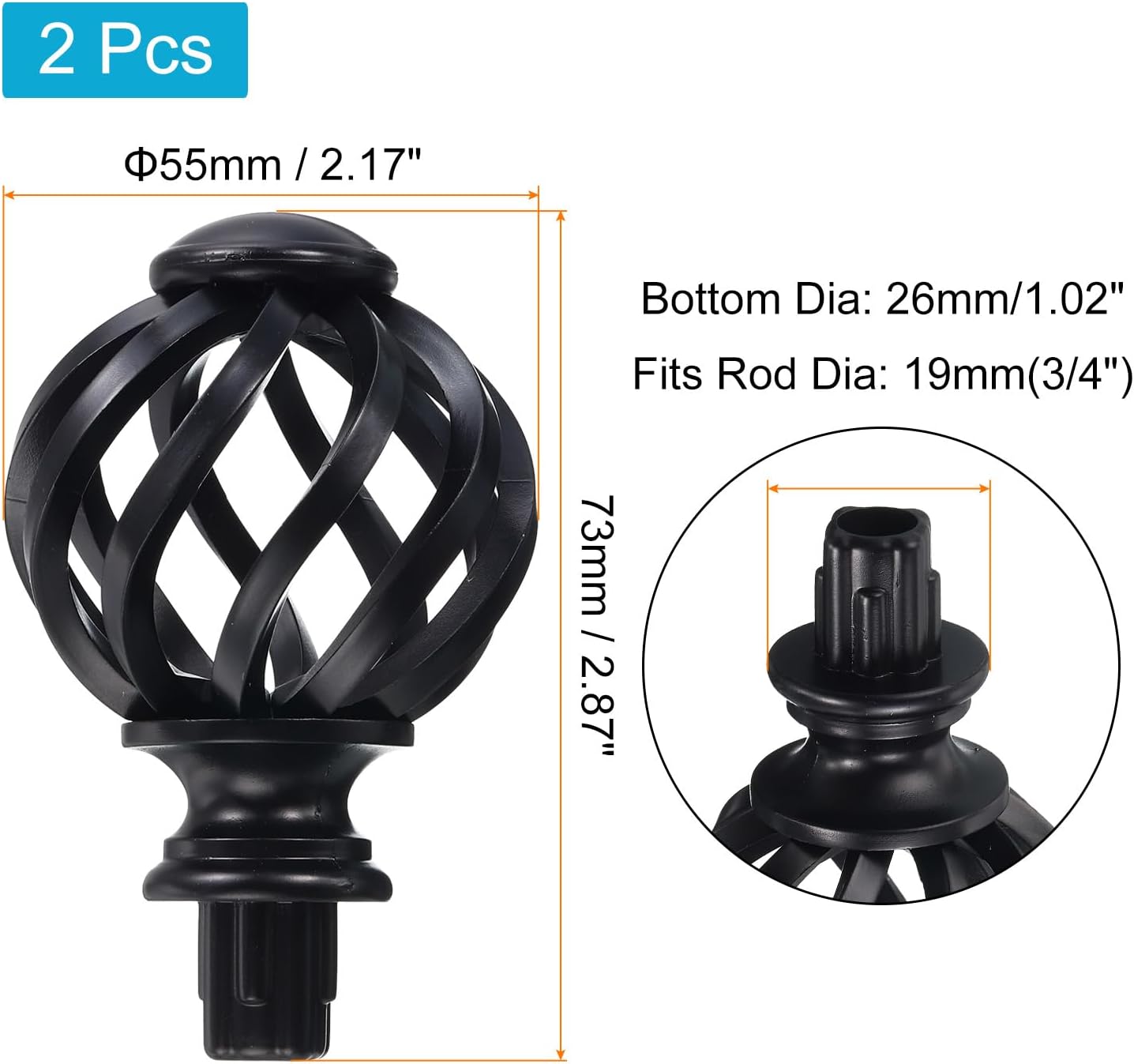 Uxcell Curtain Rod Finials 2Pcs Black Plastic Ends 19mm Diameter
