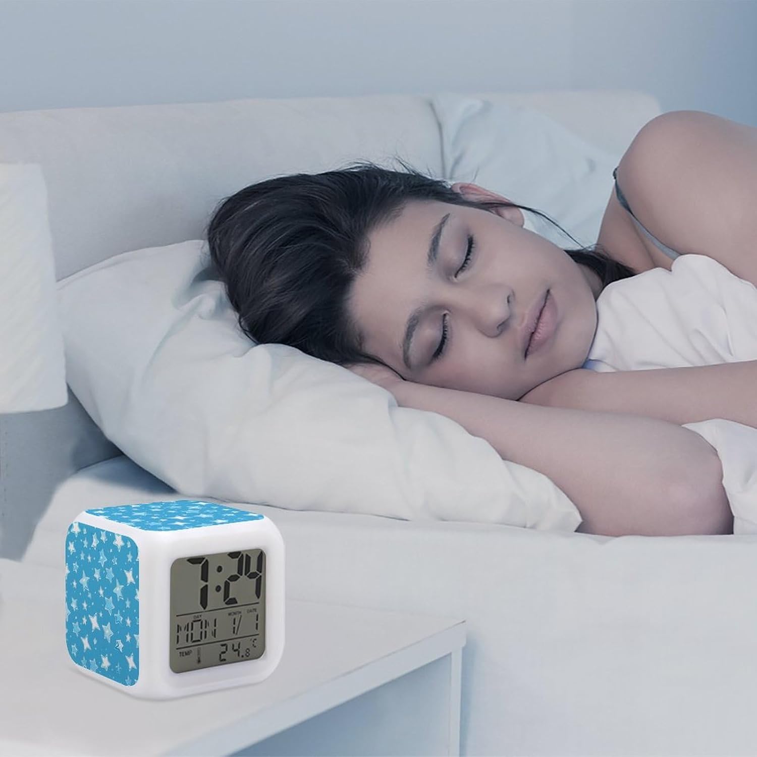 Light Blue Star Alarm Clock with 7 Color Changing Modes