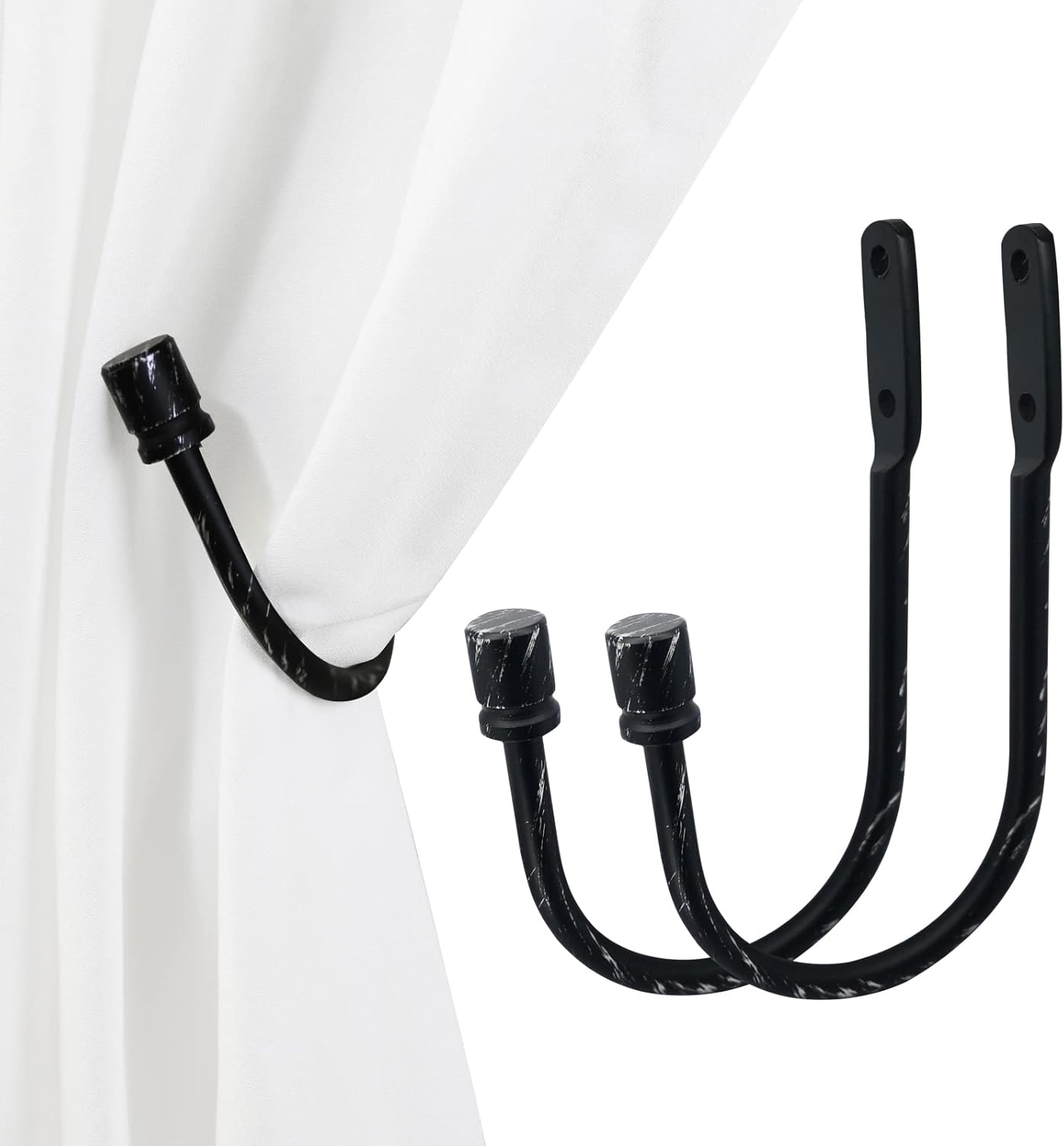 2 PCS Metal Curtain Holdbacks with End Cap Finials Black Brushed Silver