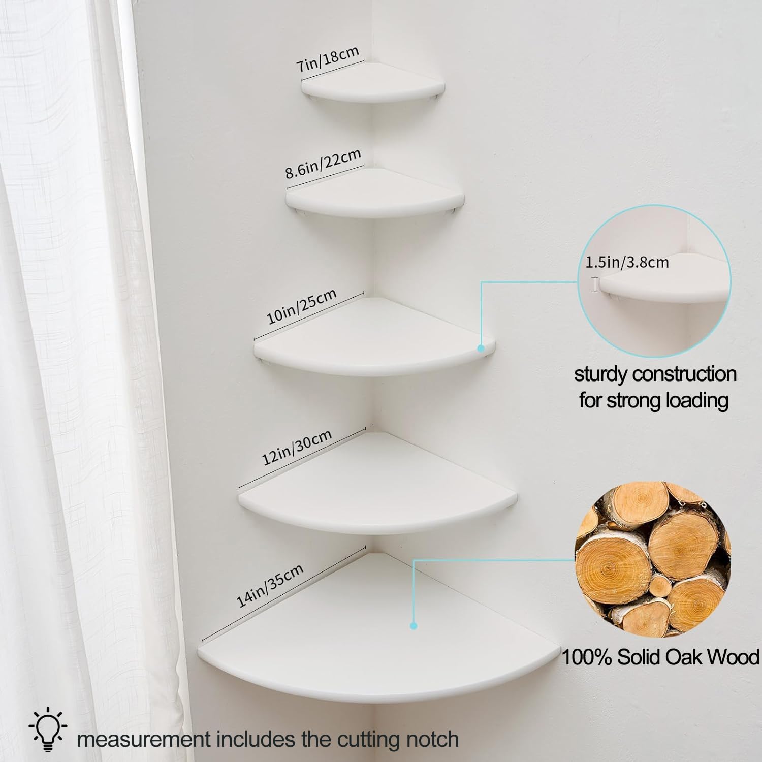 Solid Oak Corner Shelf Wall Mount 7in White
